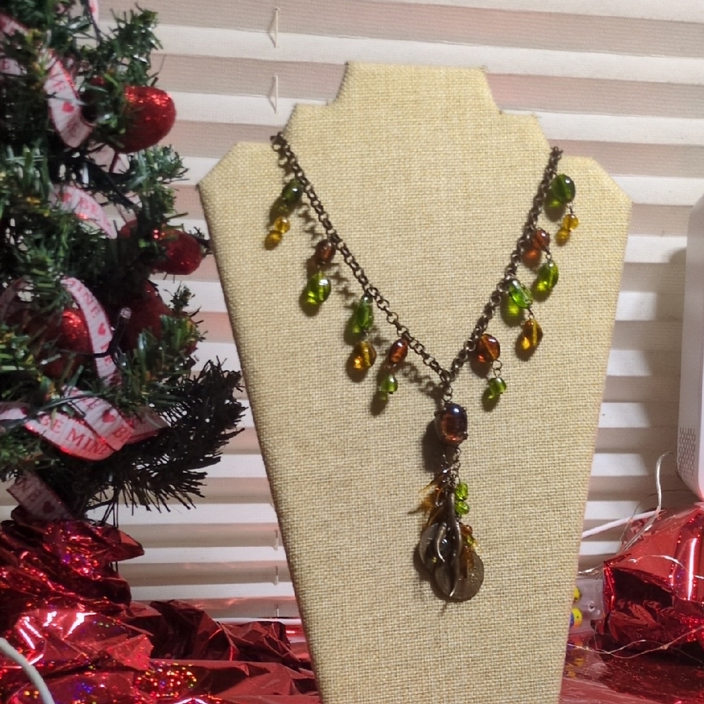 Vintage Antiqued Bronze Amber Olive Bead Fringe Drop Necklace Earthy Boho